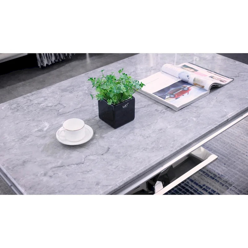 Tavolino da caffè rettangolare moderno effetto marmo con base in acciaio inossidabile