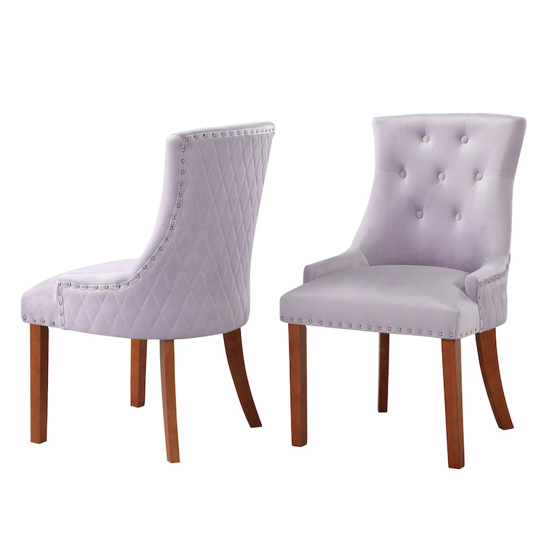 Silla de comedor clásica de terciopelo capitoné con ribete de tachuelas y patas de madera