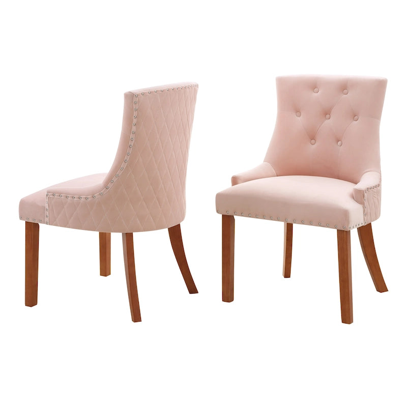 Silla de comedor clásica de terciopelo capitoné con ribete de tachuelas y patas de madera
