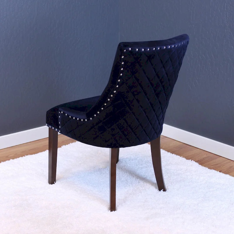 Silla de comedor clásica de terciopelo capitoné con ribete de tachuelas y patas de madera