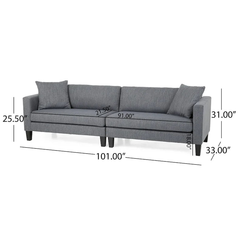 Modernes Stoffsofa mit Dekokissen und konisch zulaufenden Beinen aus Birkenholz