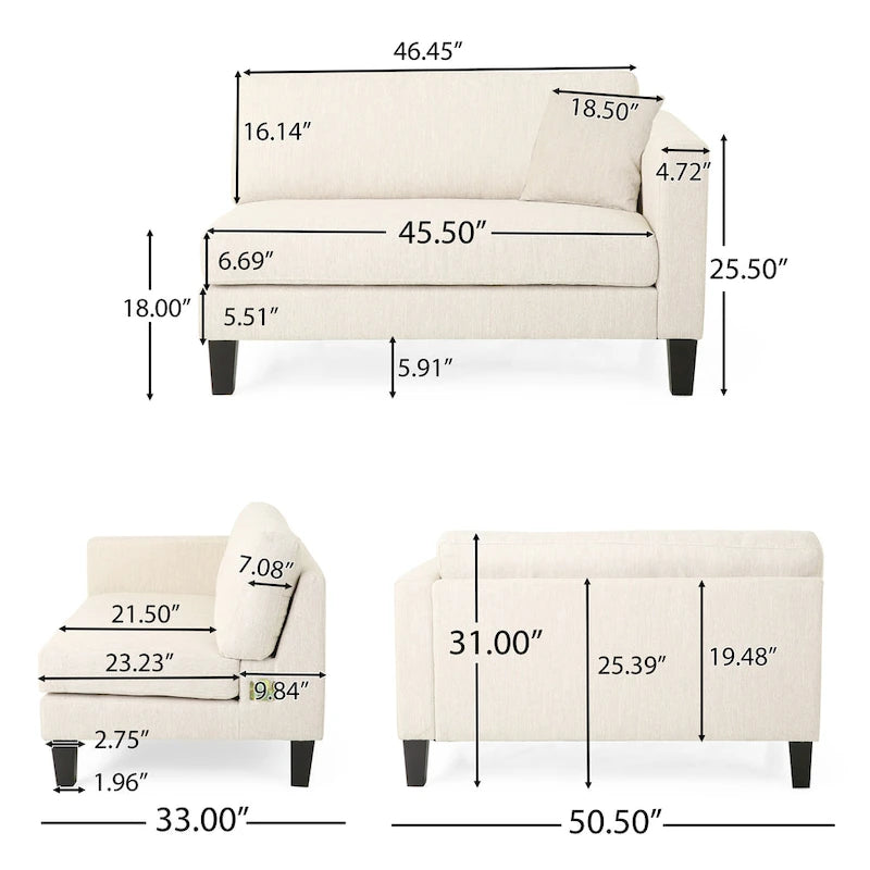 Modernes Stoffsofa mit Dekokissen und konisch zulaufenden Beinen aus Birkenholz