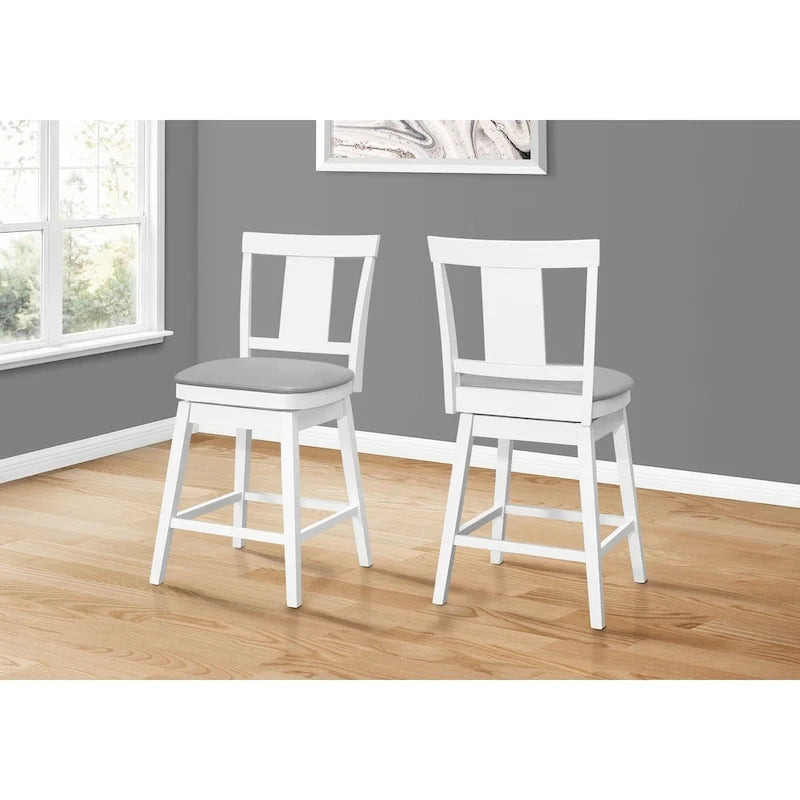 Taburete de bar giratorio de madera blanca con asiento de cuero sintético gris