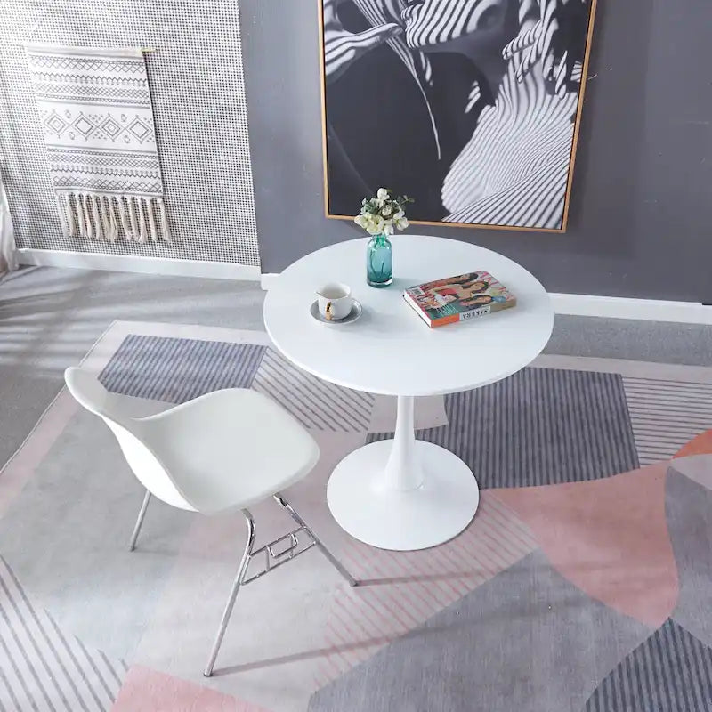 Mesa de comedor redonda blanca moderna con tablero de MDF y pedestal