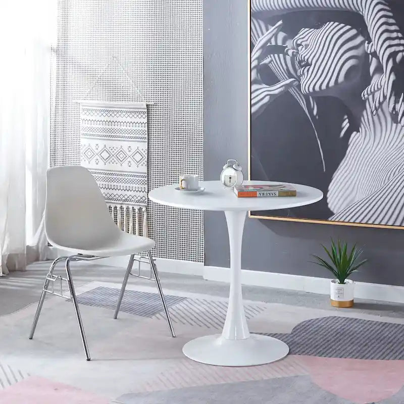 Tavolo da pranzo moderno bianco rotondo con piano in MDF e base a colonna
