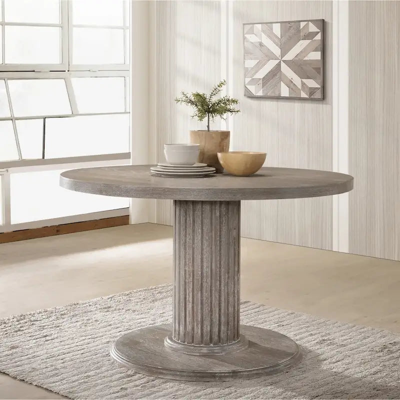 The Gray Barn Spring Mount Wood Pedestal Dining Table in Reclaimed Grey