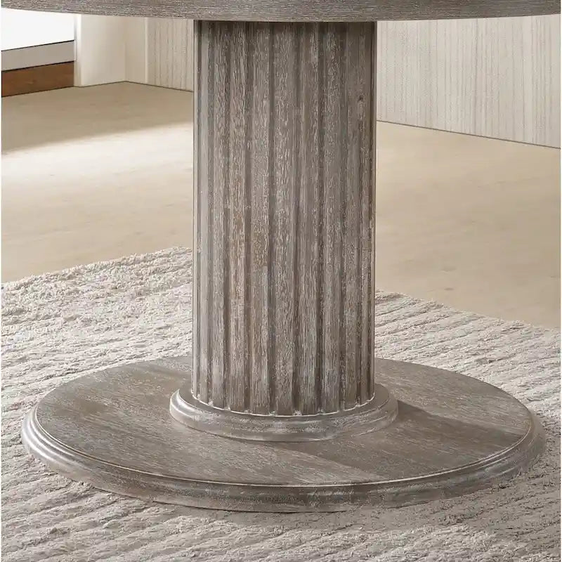 Tavolo da pranzo rotondo rustico in legno grigio con base a colonna scanalata