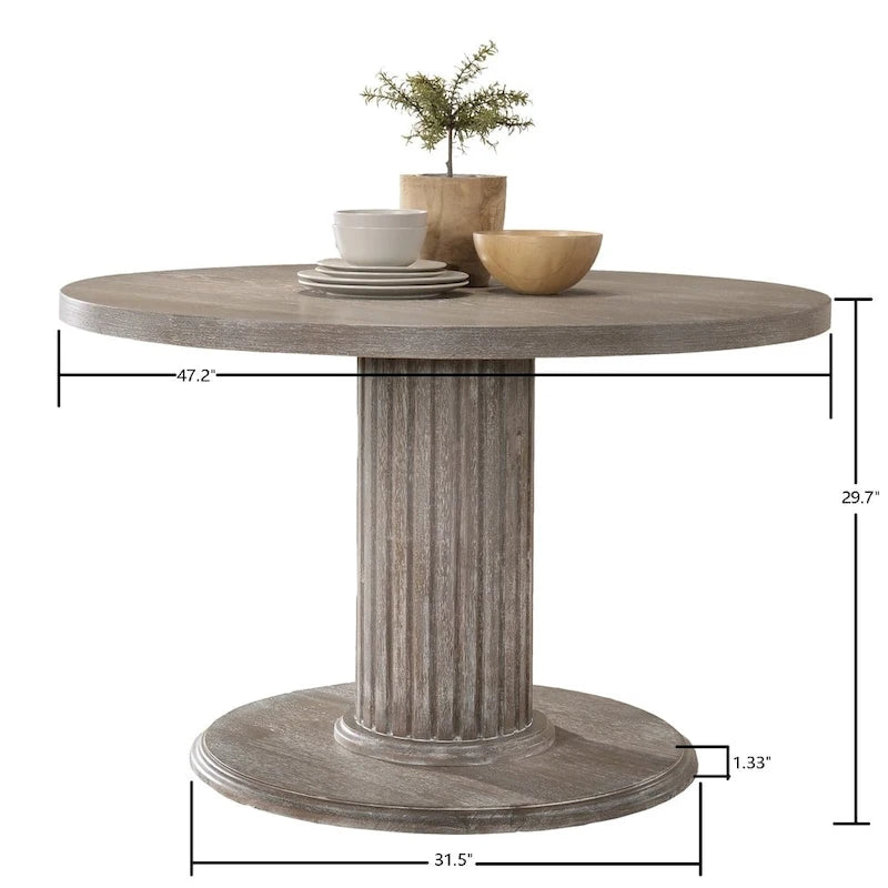 Tavolo da pranzo rotondo rustico in legno grigio con base a colonna scanalata