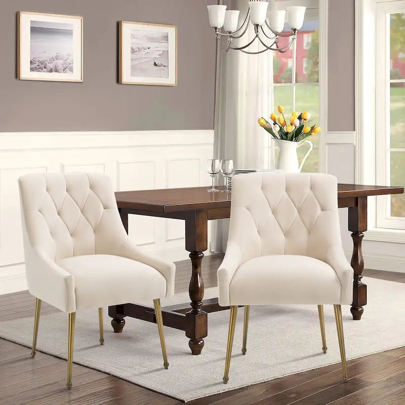 Silla de comedor de terciopelo capitoné con patas metálicas doradas y asa