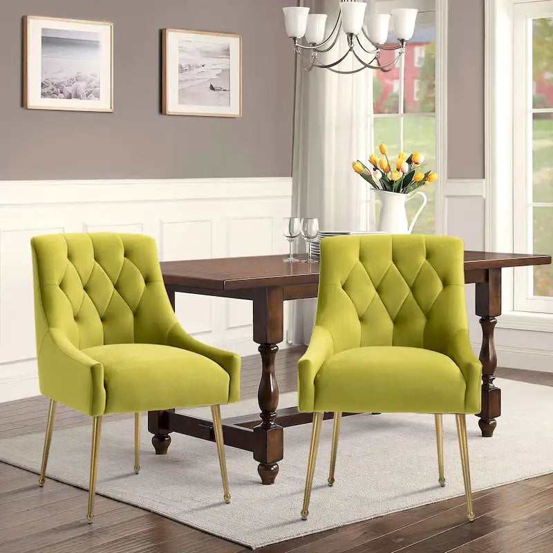 Silla de comedor de terciopelo capitoné con patas metálicas doradas y asa