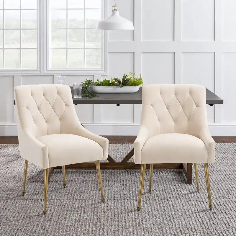 Silla de comedor de terciopelo capitoné con patas metálicas doradas y asa