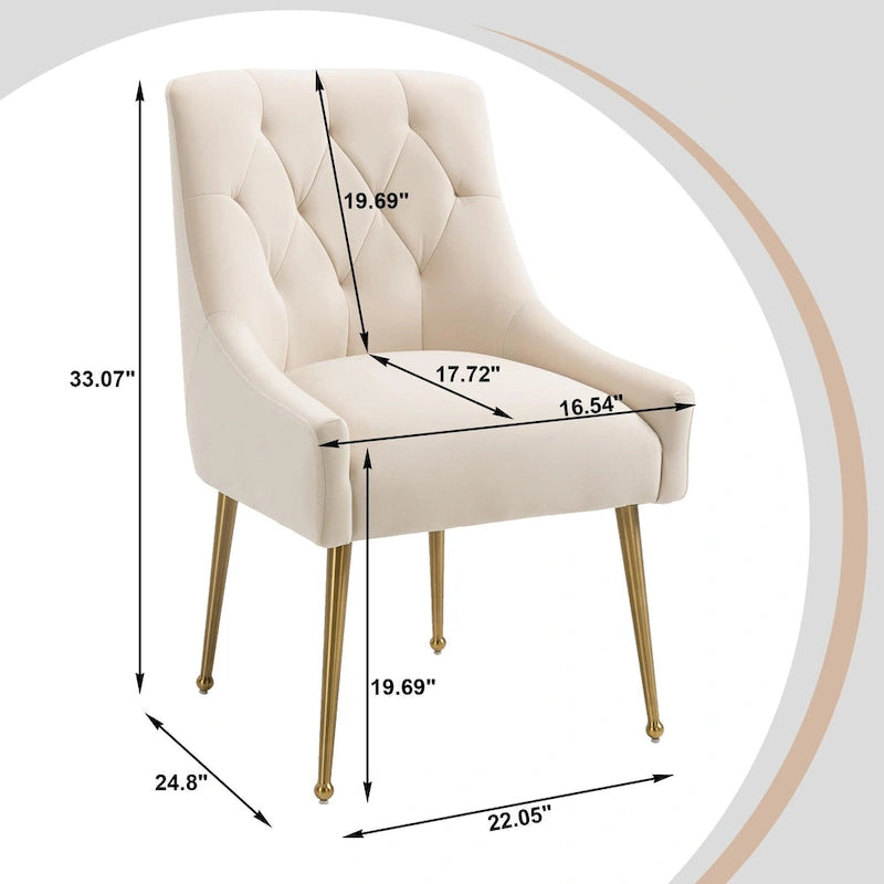 Chaise de salle à manger en velours capitonné avec pieds en métal doré et poignée
