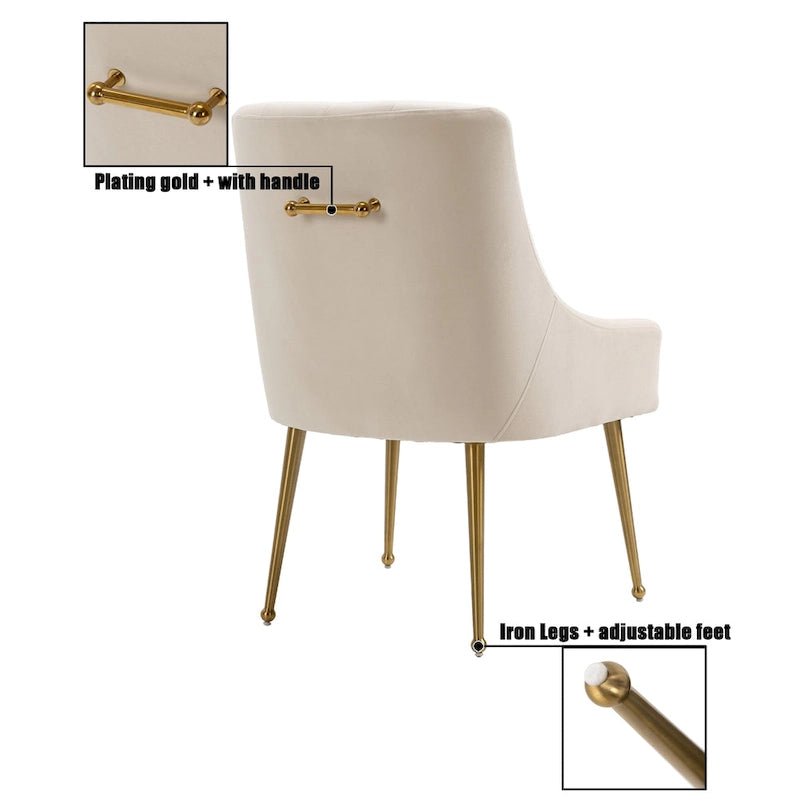 Silla de comedor de terciopelo capitoné con patas metálicas doradas y asa