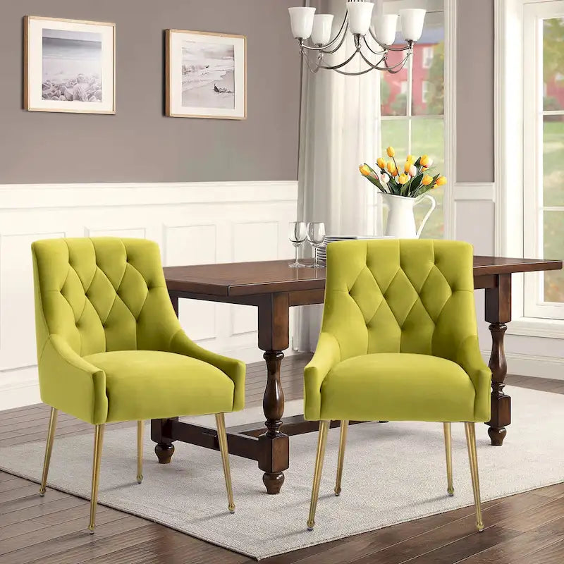 Chaise de salle à manger en velours capitonné avec pieds en métal doré et poignée