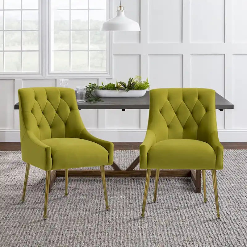 Chaise de salle à manger en velours capitonné avec pieds en métal doré et poignée