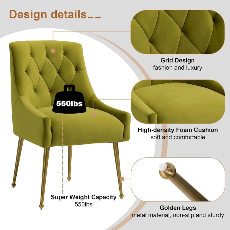 Chaise de salle à manger en velours capitonné avec pieds en métal doré et poignée