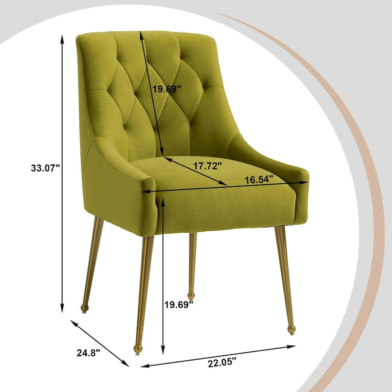 Chaise de salle à manger en velours capitonné avec pieds en métal doré et poignée