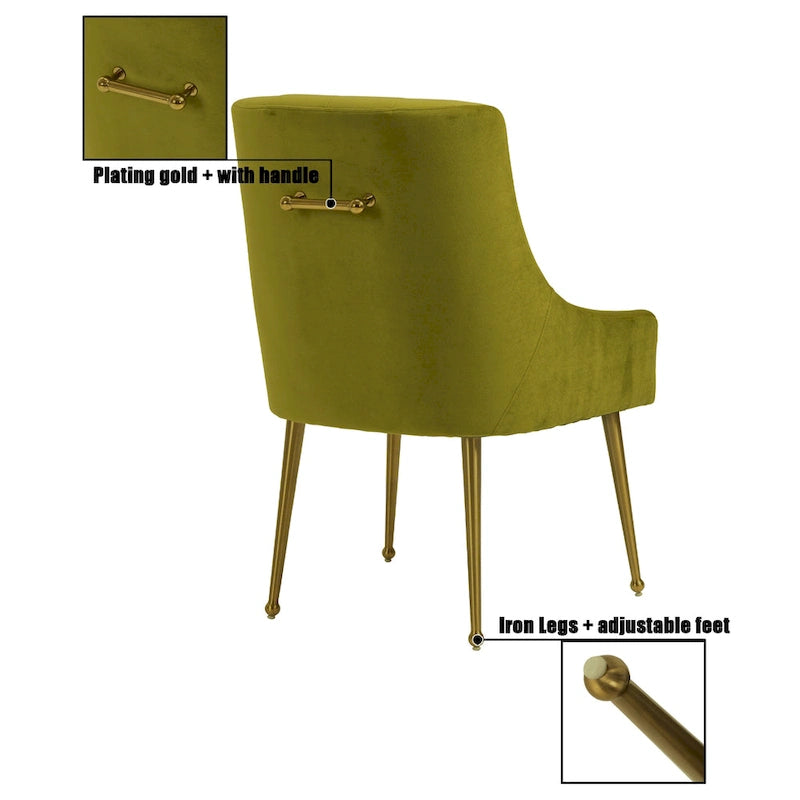 Chaise de salle à manger en velours capitonné avec pieds en métal doré et poignée