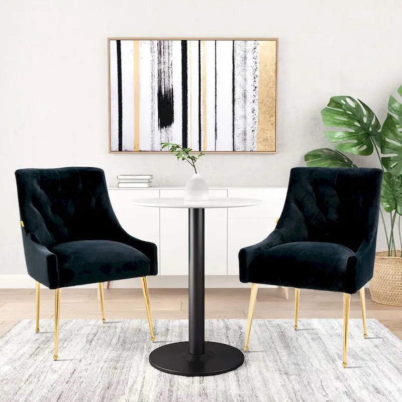 Chaise de salle à manger en velours capitonné avec pieds en métal doré et poignée