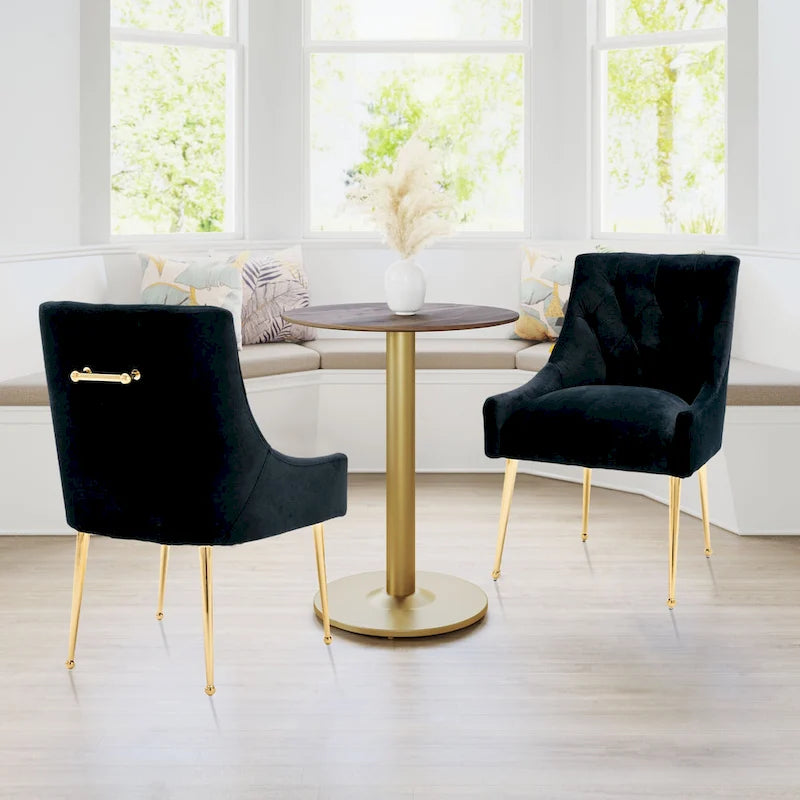 Chaise de salle à manger en velours capitonné avec pieds en métal doré et poignée