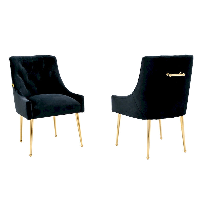 Chaise de salle à manger en velours capitonné avec pieds en métal doré et poignée