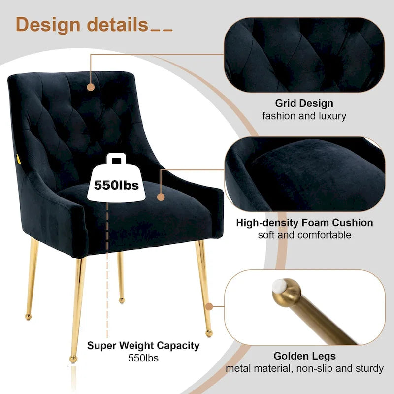 Chaise de salle à manger en velours capitonné avec pieds en métal doré et poignée