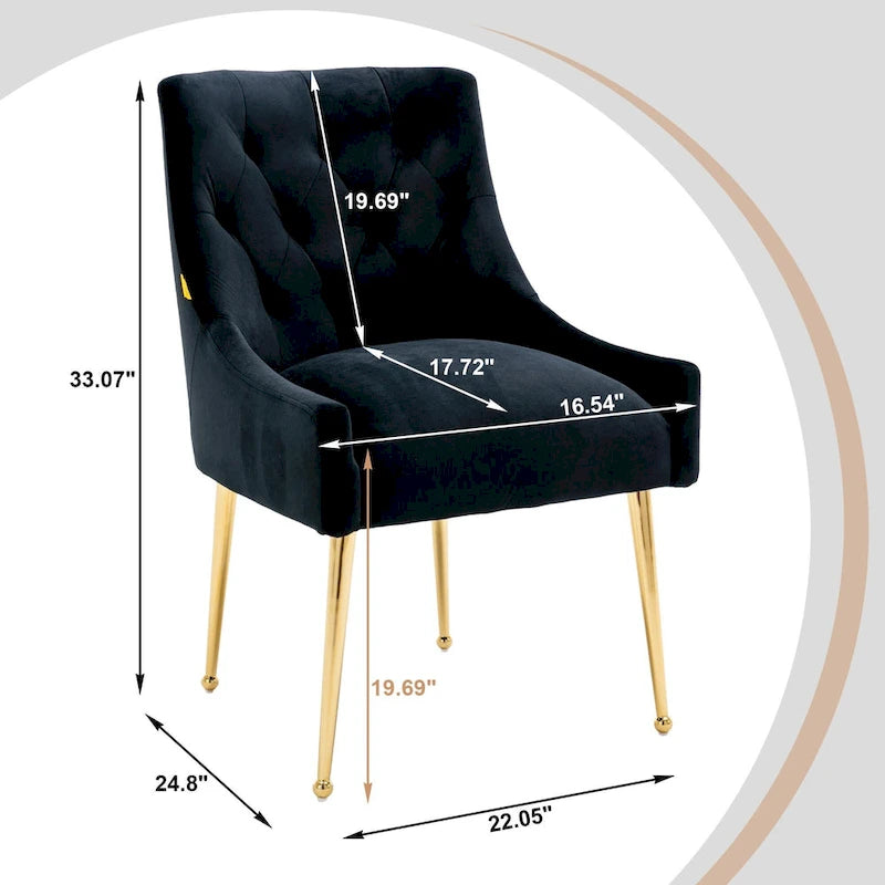 Chaise de salle à manger en velours capitonné avec pieds en métal doré et poignée
