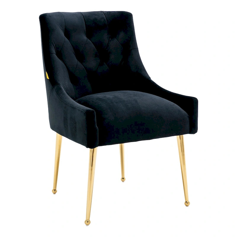 Chaise de salle à manger en velours capitonné avec pieds en métal doré et poignée