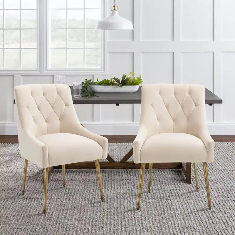 Chaise de salle à manger en velours capitonné avec pieds en métal doré et poignée