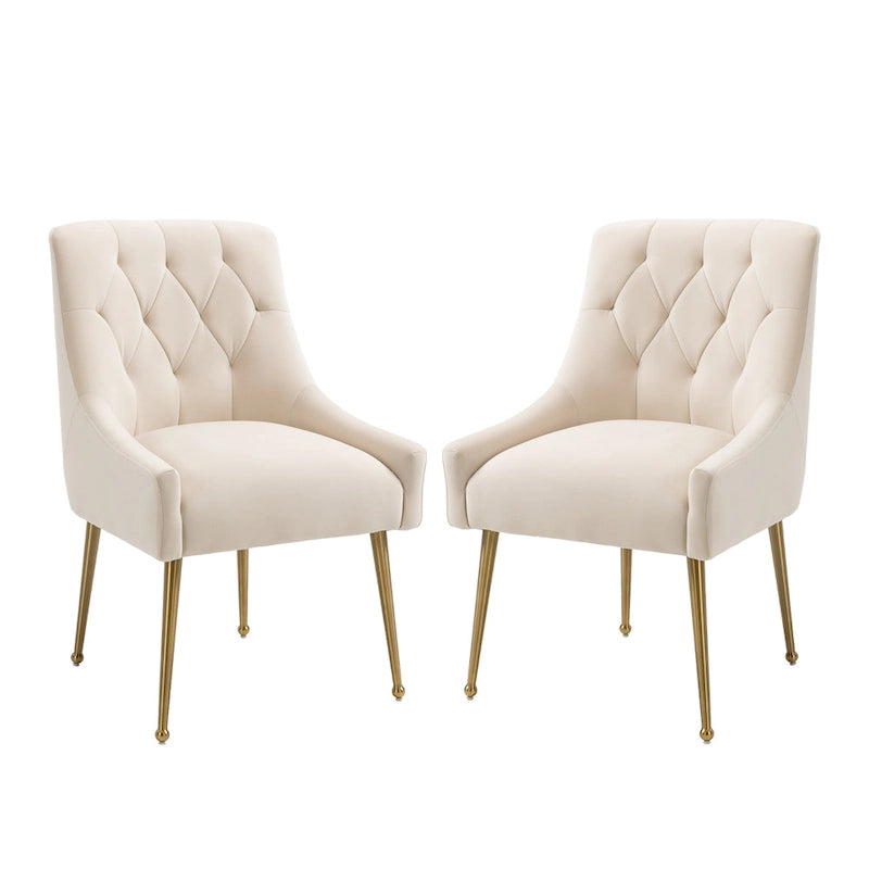 Chaise de salle à manger en velours capitonné avec pieds en métal doré et poignée
