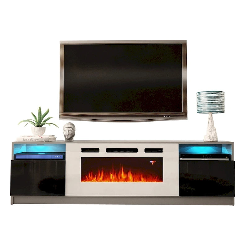 Mueble moderno para TV con chimenea eléctrica, estantes LED y armarios