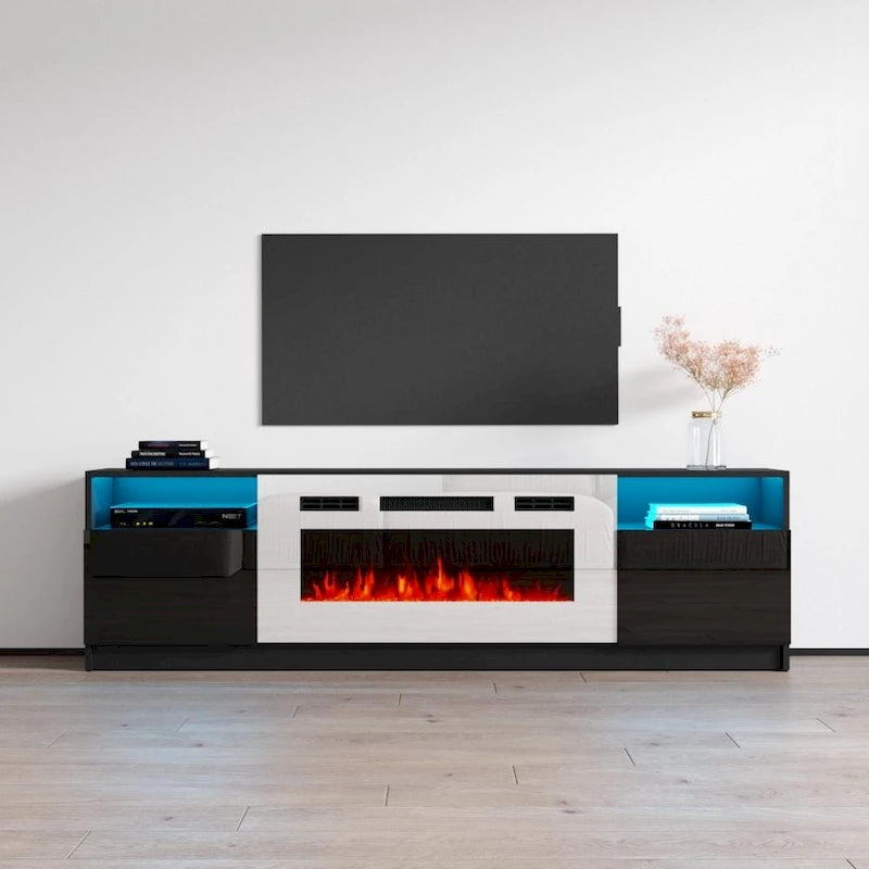 Mueble moderno para TV con chimenea eléctrica, estantes LED y armarios
