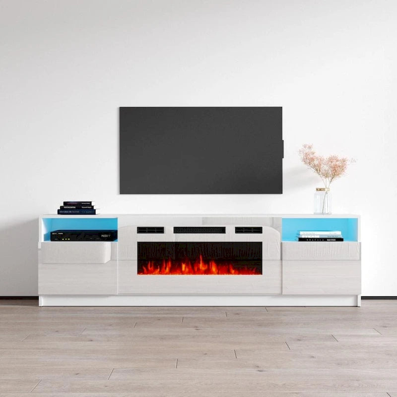 Mueble moderno para TV con chimenea eléctrica, estantes LED y armarios