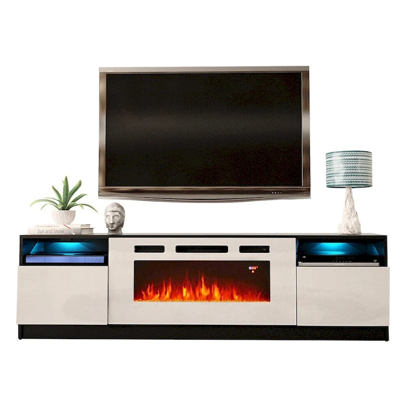 Mueble moderno para TV con chimenea eléctrica, estantes LED y armarios