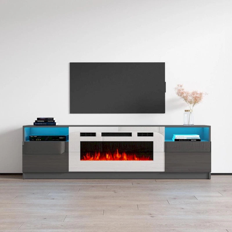 Mueble moderno para TV con chimenea eléctrica, estantes LED y armarios