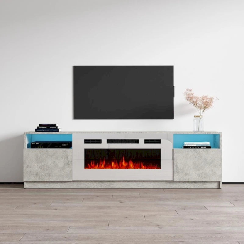 Meuble TV moderne avec cheminée électrique, étagères LED et placards