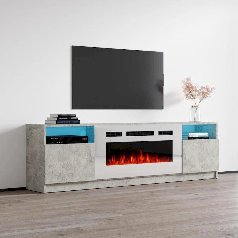 Mueble moderno para TV con chimenea eléctrica, estantes LED y armarios