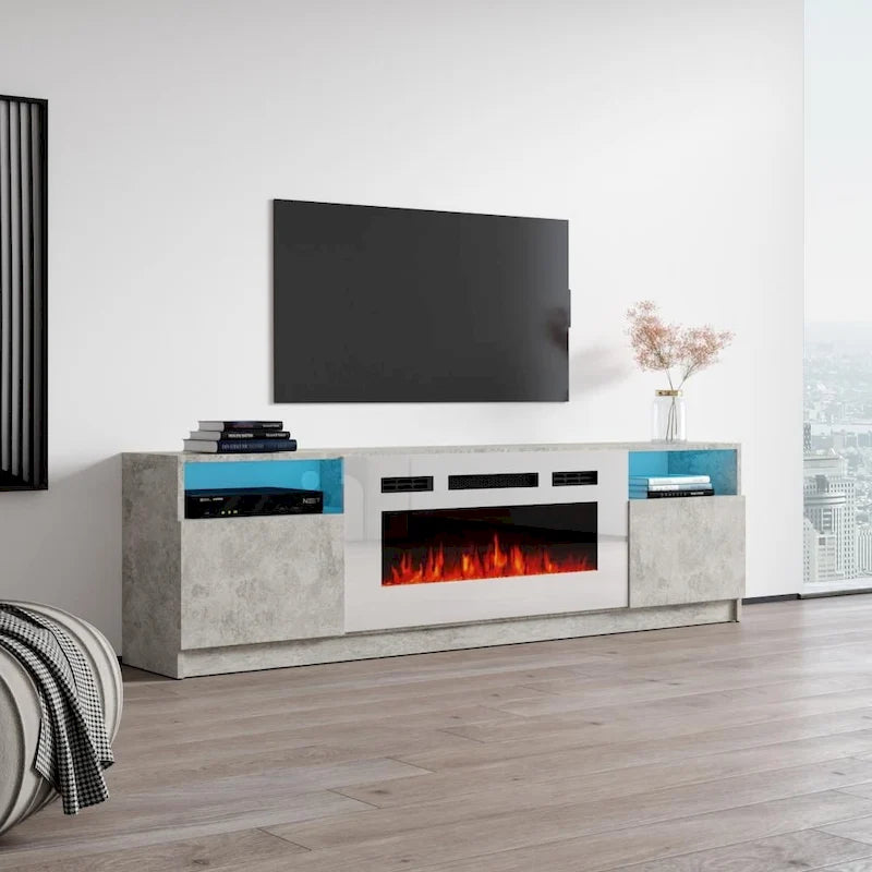 Meuble TV moderne avec cheminée électrique, étagères LED et placards