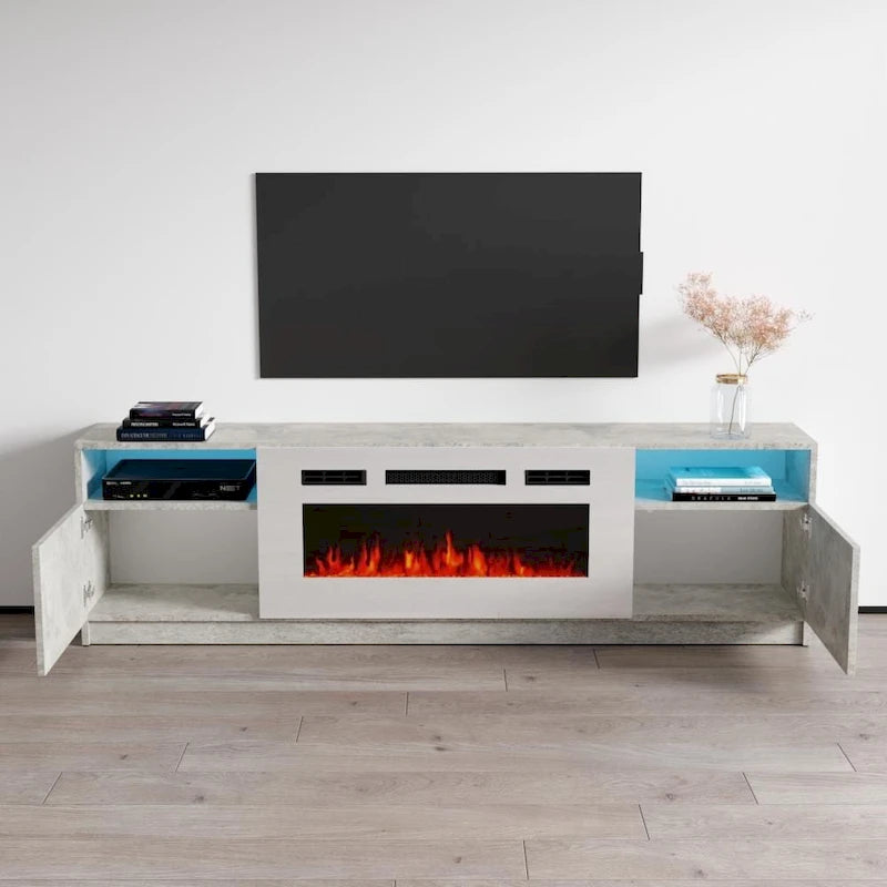 Meuble TV moderne avec cheminée électrique, étagères LED et placards