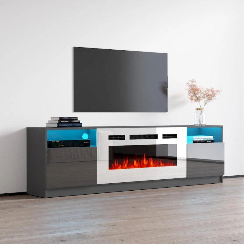 Meuble TV moderne avec cheminée électrique, étagères LED et placards