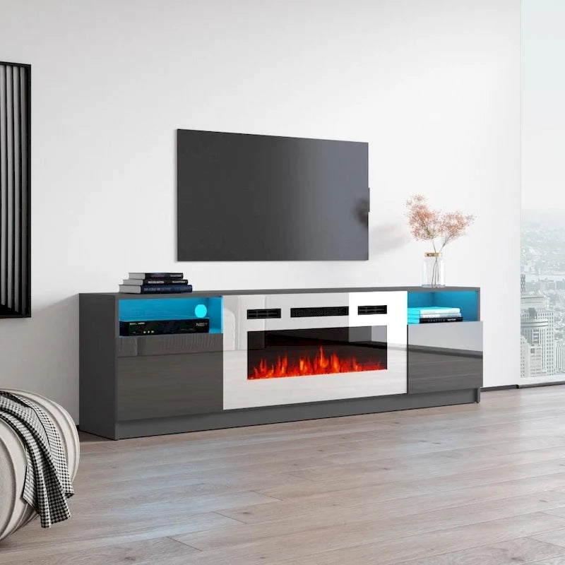 Meuble TV moderne avec cheminée électrique, étagères LED et placards