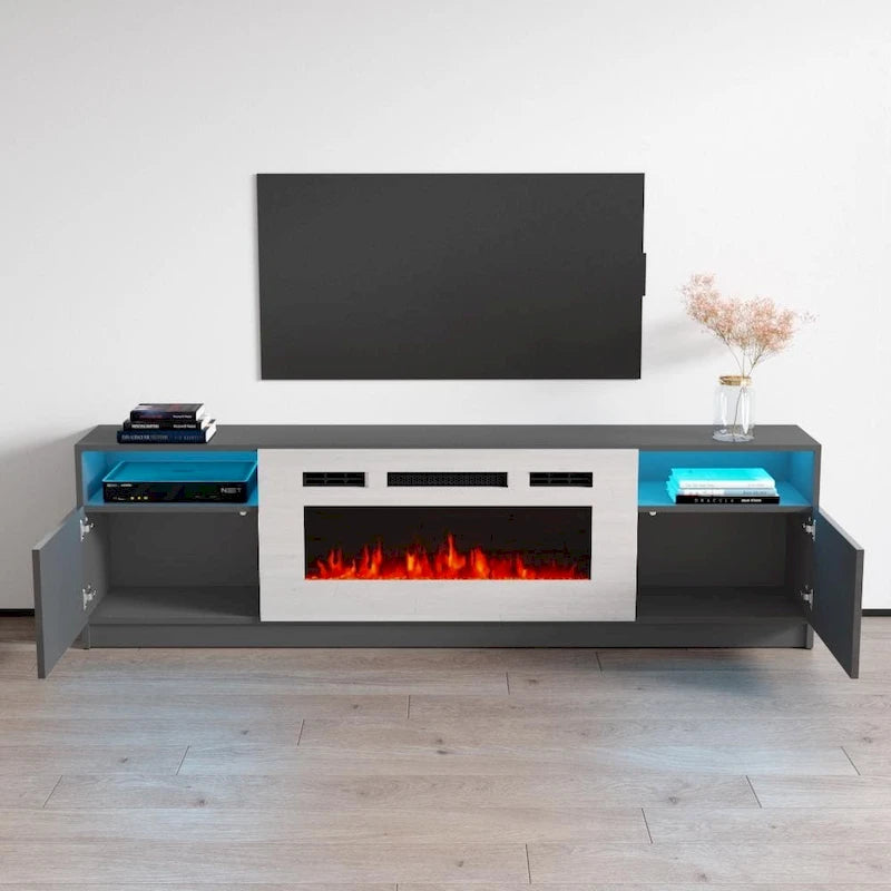 Meuble TV moderne avec cheminée électrique, étagères LED et placards