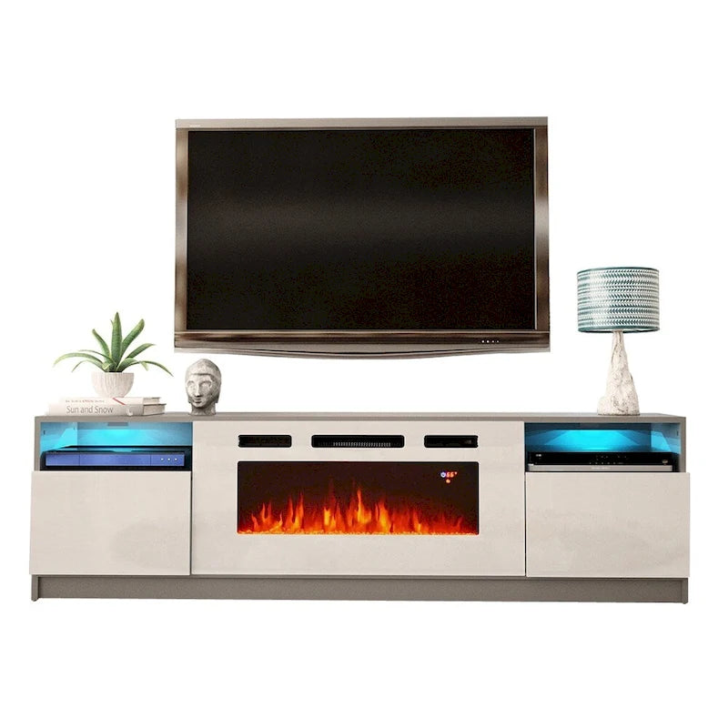 Meuble TV moderne avec cheminée électrique, étagères LED et placards