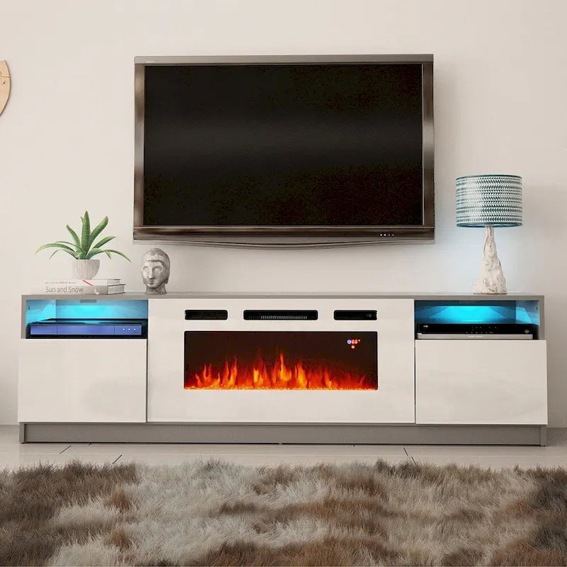 Meuble TV moderne avec cheminée électrique, étagères LED et placards