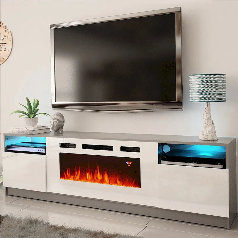 Meuble TV moderne avec cheminée électrique, étagères LED et placards