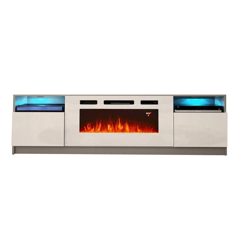 Meuble TV moderne avec cheminée électrique, étagères LED et placards