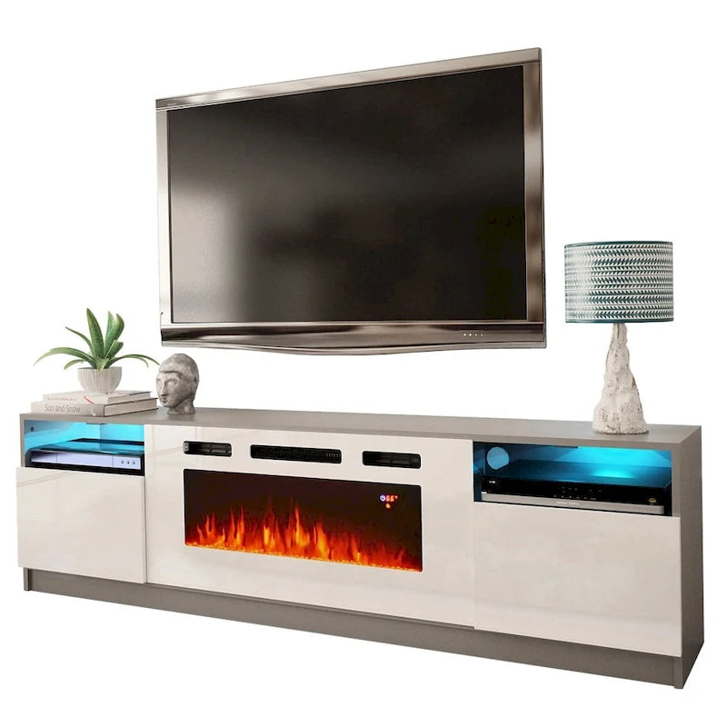 Meuble TV moderne avec cheminée électrique, étagères LED et placards