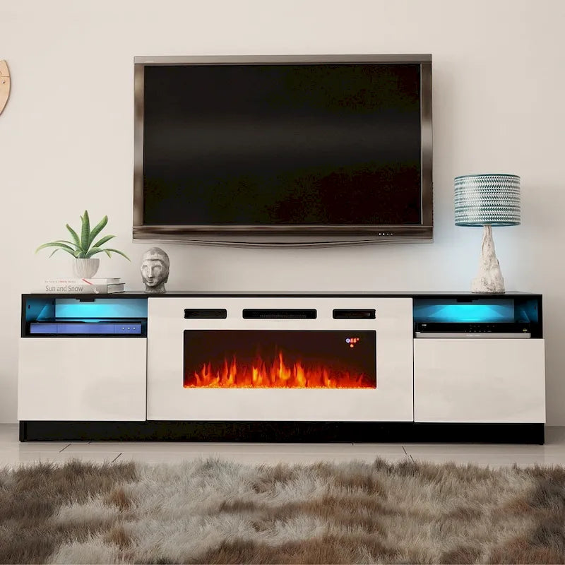 Meuble TV moderne avec cheminée électrique, étagères LED et placards