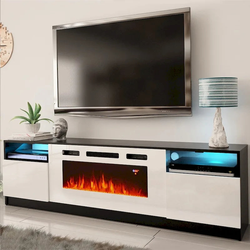Meuble TV moderne avec cheminée électrique, étagères LED et placards