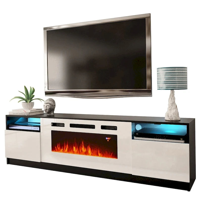 Meuble TV moderne avec cheminée électrique, étagères LED et placards